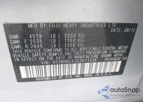 2016 Subaru Legacy 2.5I Limited z USA, uszkodzony, nr VIN 4S3BNBL67G3011236